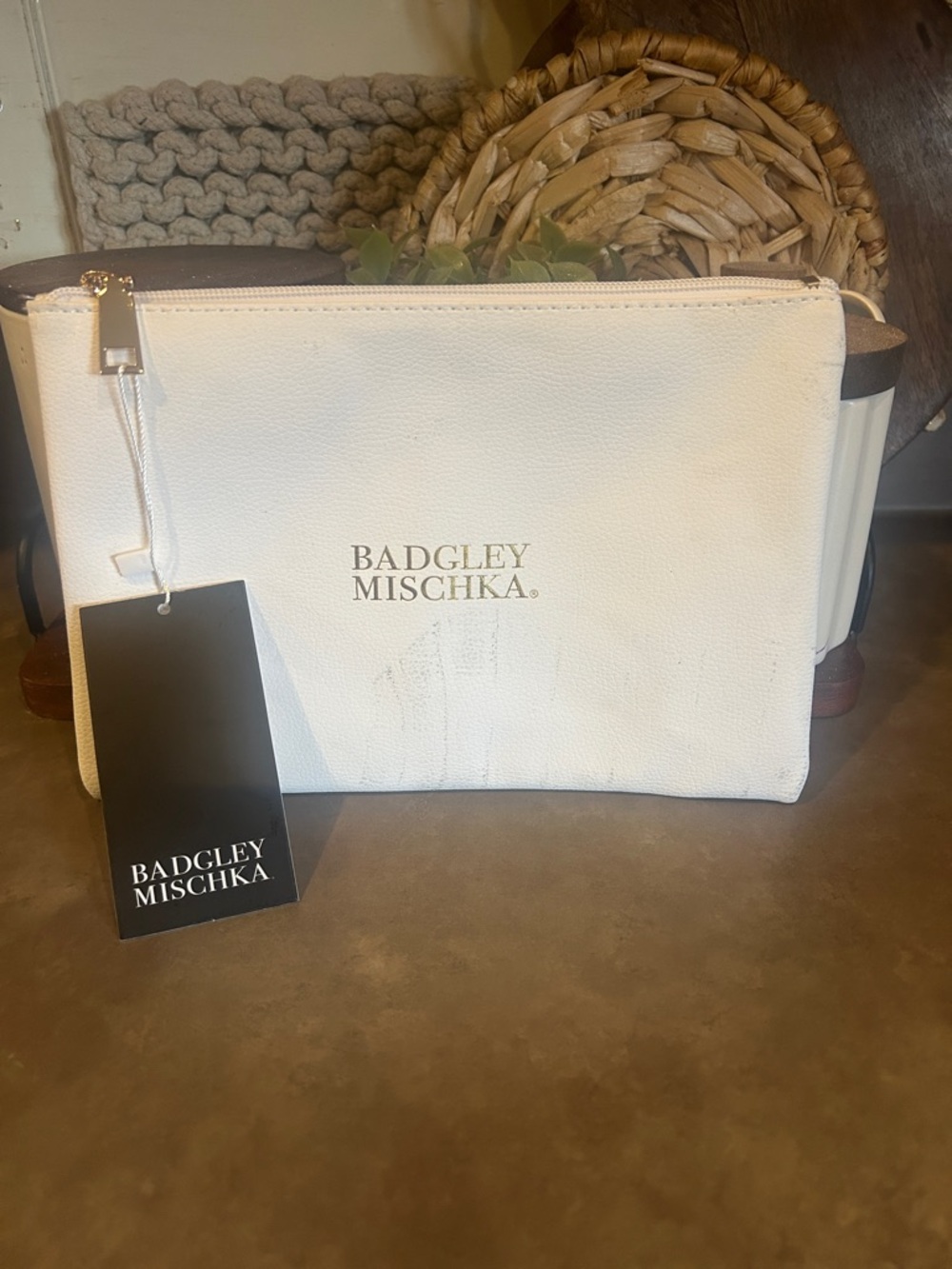 Badgley Mischka White Logo Zipper Pouch Cosmetic Bag